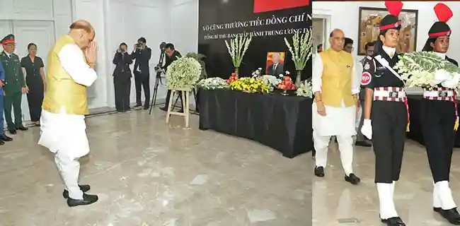 Shri Rajnath Singh pays tribute to General Secretary of the Central Committee of Communist Party of Vietnam Mr Nguyen Phu Trong at Vietnam Embassy in New Delhi