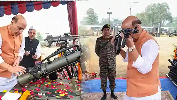 Raksha Mantri Shri Rajnath Singh performs Shastra Pooja with troops at Sukna Military Station on the occasion of Dussehra